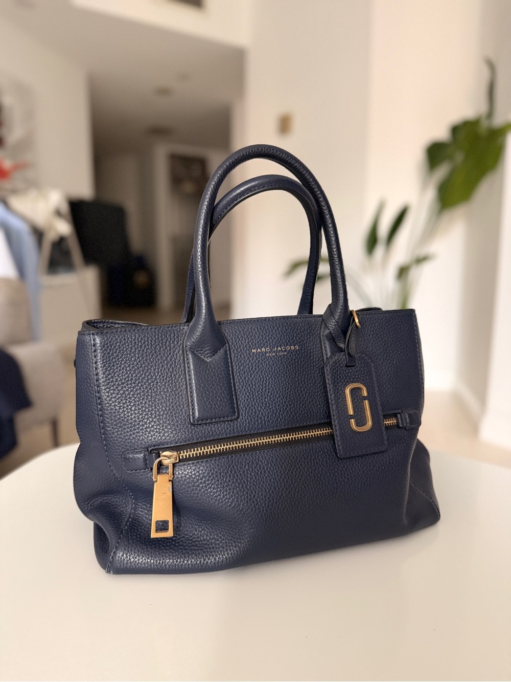 Marc Jacobs Navy Pebbled Leather Satchel with Gold Hardware
